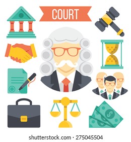 Court illustration. Premium colorful law and justice icons set. Creative vector illustration isolated on white background.