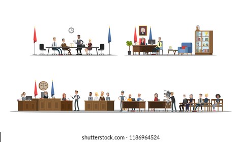 Court interior with courtroom and offices set. Trial process with judge, jury and suspect. Vector flat illustration