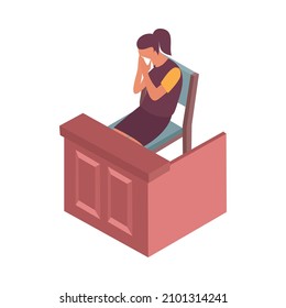 Court isometric icon with woman crying in courtroom 3d vector illustration