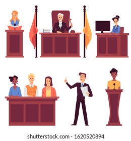 Court judge and law - set with people cartoon characters, flat vector illustration isolated on white background. Jail prison lawyers and jury images collection.