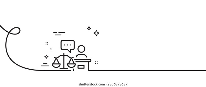 Court judge line icon. Continuous one line with curl. Justice scale sign. Judgement law symbol. Court judge single outline ribbon. Loop curve pattern. Vector