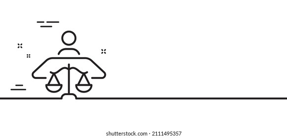 Court judge line icon. Justice scale sign. Judgement law symbol. Minimal line illustration background. Court judge line icon pattern banner. White web template concept. Vector