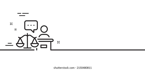 Court Judge Line Icon. Justice Scale Sign. Judgement Law Symbol. Minimal Line Illustration Background. Court Judge Line Icon Pattern Banner. White Web Template Concept. Vector