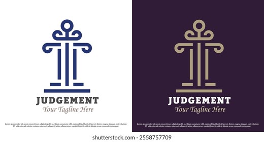 Court judge logo design vector illustration. Silhouette of pillar column linear lawyer law rule regulation firm office business justice. Simple minimal geometric classic elegant luxury vector symbol.