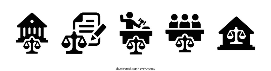 Court Judgement Attorney Sentence Guilty Justice Set Graphic In Black And White Symbol.