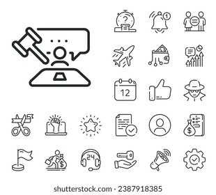 Court judgement sign. Salaryman, gender equality and alert bell outline icons. Judge hammer line icon. Legal law symbol. Judge hammer line sign. Spy or profile placeholder icon. Vector