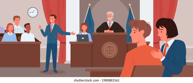 Court judgment, law justice concept vector illustration. Cartoon advocate lawyer or prosecutor character giving speech in front of judge, jury in courtroom, criminal defense public process background.