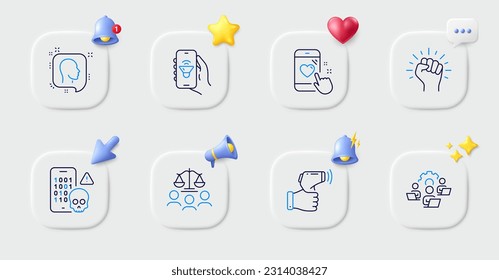 Court jury, Empower and Heart rating line icons. Buttons with 3d bell, chat speech, cursor. Pack of Electronic thermometer, Cyber attack, Music app icon. Teamwork, Head pictogram. Vector