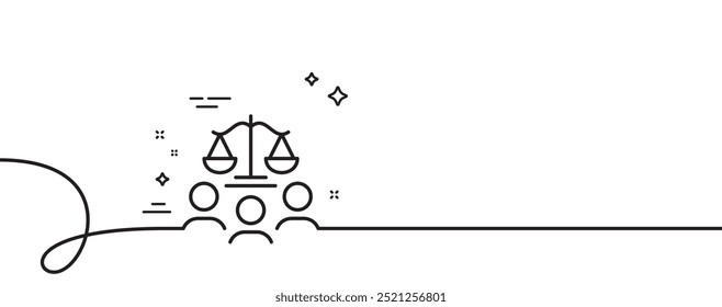 Court jury line icon. Continuous one line with curl. Justice scales sign. Judgement law symbol. Court jury single outline ribbon. Loop curve pattern. Vector