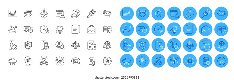 Jurado de la corte, tijeras y empleados paquete de iconos de línea de mensajero. Estrés, pago telefónico, ícono verde del Web eléctrico. Laboratorio de química, libro del amor, pictograma del usuario. Rompecabezas del teléfono, gráfico de línea, pincel. Vector