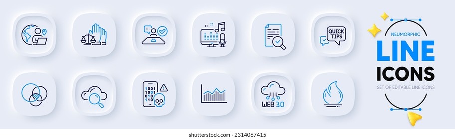 Jurado de corte, iconos de línea de diagrama Web3 y Euler para aplicación web. Paquete de energía contra incendios, Inspeccionar, Consejos rápidos iconos de pictograma. Podcast, ciberataque, carteles de trabajo de tercerización. Computación en la nube. Vector