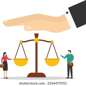 Court and justice, legal services of a lawyer. Hand businessman, attorney, judge, notary holds scales. Flat vector illustration