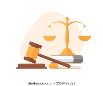 Court, law and justice scene. Services of lawyer, notary, attorney. Scales, books and gavel of the judge. Vector illustration in a trendy flat style.