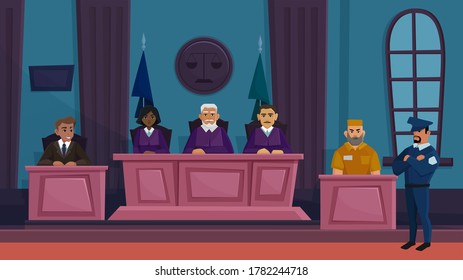 Court of law justice vector illustration. Cartoon flat courtroom interior with judge, lawyer prosecutor and criminal characters sitting on public crime proceeding tribunal in courthouse background