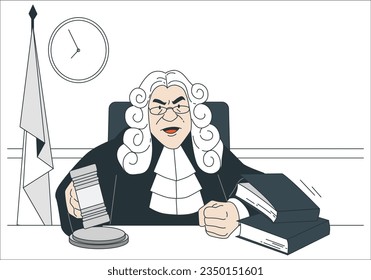 Court of Law Trial: Portrait of Impartial Judge Reading Decision, striking Gavel. Justice Pronouncing Sentence. Judgment after Deliberation. Guilty, Not Guilty Verdict. Stern judge with document. 2346