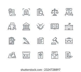Court lawyer icons outline set. Legal support and jurisprudence. Legal services in court building. Documents and contracts. Linear flat vector collection isolated on white background