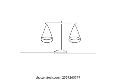 court legal scale in continuous one drawing. Libra or law identity concept simple vector illustartion, Continuous one line drawing of judicial scales law. Libra symbol simple outline illustration.