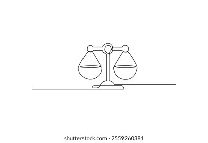 court legal scale in continuous one drawing. Libra or law identity concept simple vector illustartion, Continuous one line drawing of judicial scales law. Libra symbol simple outline illustration.