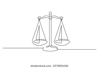 Court legal scale in continuous one drawing. Libra or law identity concept simple vector illustartion, One solid line draws the balance of law and the scope of justice. Libra thin icon.