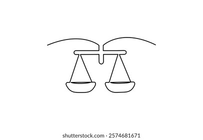 Court legal scale in continuous one drawing. Libra or law identity concept simple vector illustartion, Continuous one line drawing of judicial scales law. Libra symbol simple outline illustration.