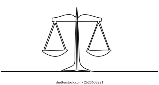 court legal scale continuous one line drawing, One Line Drawing of a Justice Scale, Minimalist Illustration Representing Equity and Justice, One continuous single drawing line art flat doodle scale.