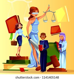 Court and legislation vector illustration of cartoon law people and symbols. Themis lady with justice scales, judge gavel and law code, Saudi Arabian prosecutor and black Afro American lawyer man