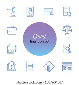 Court line icon set. Gavel, oath, scale. Law concept. Can be used for topics like courthouse, trial, crime