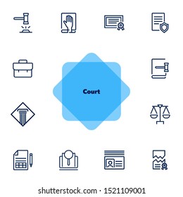 Court line icon set. Gavel, oath, scale. Law concept. Can be used for topics like courthouse, trial, crime