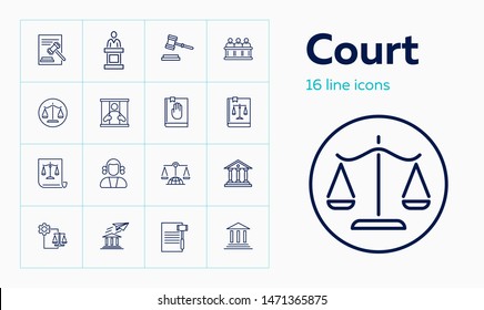 Court line icon set. Jury box, jail, constitution. Justice concept. Can be used for topics like crime, law, human rights