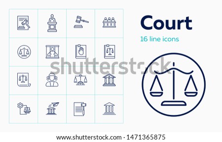 Court line icon set. Jury box, jail, constitution. Justice concept. Can be used for topics like crime, law, human rights