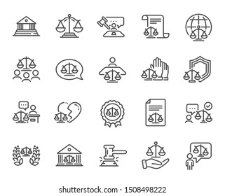 Court line icons. Scales of Justice, Lawyer and Judge. Hammer, Law and Petition document set icons. Judgment, justice, court injunction. Gavel judge hammer, rulings, presiding officer. Vector