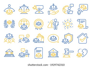 Court line icons. Scales of Justice, Lawyer and Judge. Hammer, Law and Petition document set icons. Judgment, justice, court injunction. Gavel judge hammer, rulings, presiding officer. Vector