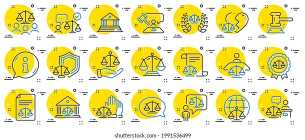 Court line icons. Scales of Justice, Lawyer and Judge. Hammer, Law and Petition document set icons. Judgment, justice, court injunction. Gavel judge hammer, rulings, presiding officer. Vector