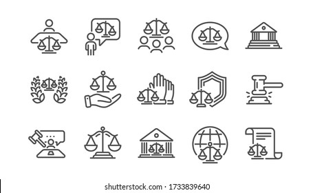 Court line icons set. Judge, Scales of Justice and Lawyer. Hammer, Law and Petition document set icons. Judgment, justice, court injunction. Gavel judge hammer, rulings, presiding officer. Vector