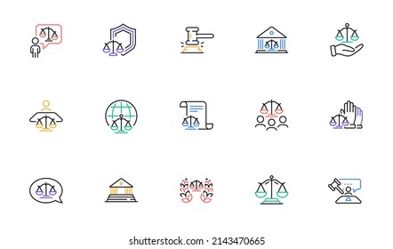 Court line icons set. Judge, Scales of Justice and Lawyer. Hammer, Law and Petition document set icons. Judgment, justice, court injunction. Gavel judge hammer, rulings, presiding officer. Vector