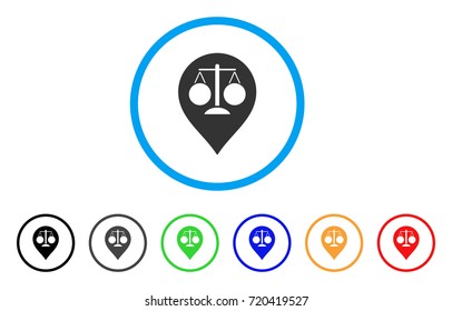 Court Map Marker rounded icon. Style is a flat court map marker grey symbol inside light blue circle with black, gray, green, blue, red, orange color versions.