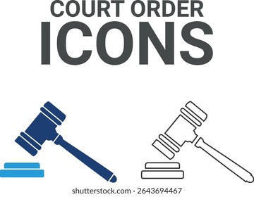 Court order icons, Line art icons, It contains a contract, an agreement, a passport, an ID card, a certificate, a license, a patent, a testament, and more. Vector solid icons collection