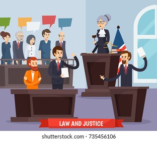 Court Orthogonal Composition Including Judge With Gavel, Prosecutor, Advocate And Defendant, Jury And Interior Elements Vector Illustration 