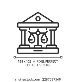 Court pixel perfect linear icon. Government service for legal decisions. Judgement processes in courthouse. Thin line illustration. Contour symbol. Vector outline drawing. Editable stroke