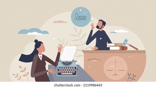 Court reporter work as writing testimony on stenotype tiny person concept. Courtroom with professional administration employees for typewriter documentation vector illustration. Stenographer career.