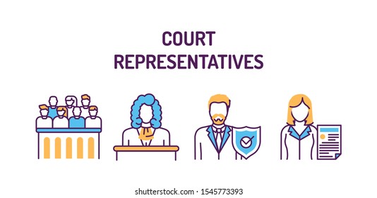 Court representatives line color icons set. Law and justice. Courthouse concept. Judiciary persons: Jury trial, judge, lawyer, prosecutor. Vector isolated template. Editable stroke.