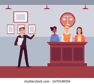 Court room with cartoon attorney man giving speech to jury stand. Flat banner with people at justice trial listening to evidence or prosecution - vector illustration.