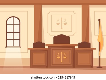 Court Room Interior with Judge or Jury Table, Flag and Wooden Judge's Hammer in Flat Cartoon Design Illustration