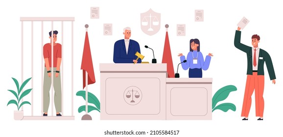 Court Room Interior, Trial Process With Lawyer Protect Defendant. Courthouse During Trial Process, Judge, Lawyer And Accused Vector Illustration. Court Justice Scene. Courtroom With Judge