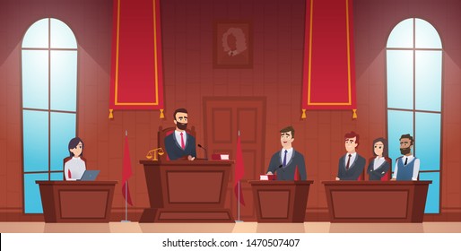 Court Room. Judge In Courtroom Police Officer Characters Of Jury Inside Evidence Vector Picture. Courthouse And Justice, Judge And Session Illustration