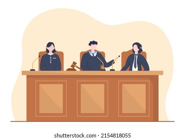 Court Room With Lawyer, Jury Trial, Witness Or Judges And The Wooden Judge's Hammer In Flat Cartoon Design Illustration