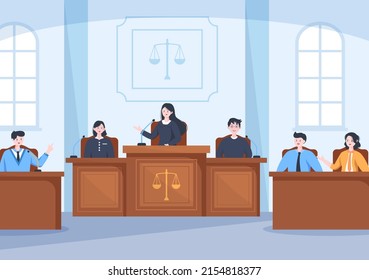 Court Room With Lawyer, Jury Trial, Witness Or Judges And The Wooden Judge's Hammer In Flat Cartoon Design Illustration