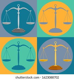 Court scales set. Justice balance symbols and lawyers equality signs, judge scale silhouettes, lawfulness and judgement icons in circles. Vector illustration. 