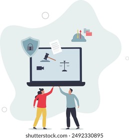 Gerichtsdienstleistungen online und technische Nutzung für rechtliche Zwecke .flat design.Illustration mit Menschen.