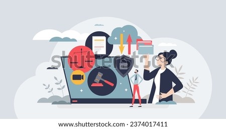 Court services online and tech usage for legally purposes tiny person concept. Technology for lawyer, judge and attorney information upload or download from cloud vector illustration. Justice system.